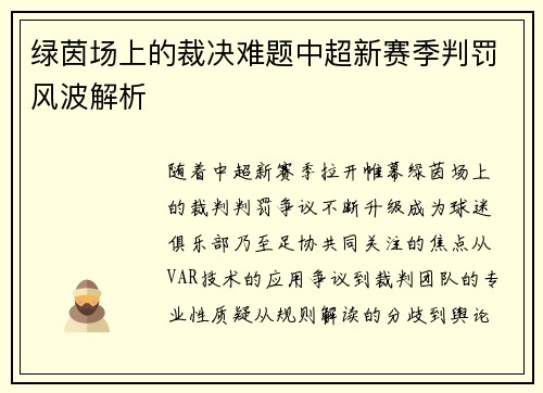 绿茵场上的裁决难题中超新赛季判罚风波解析
