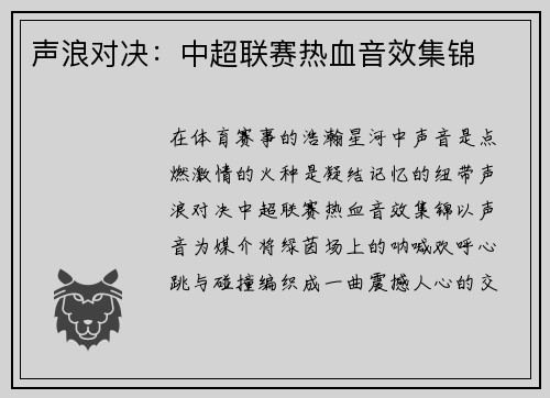 声浪对决：中超联赛热血音效集锦