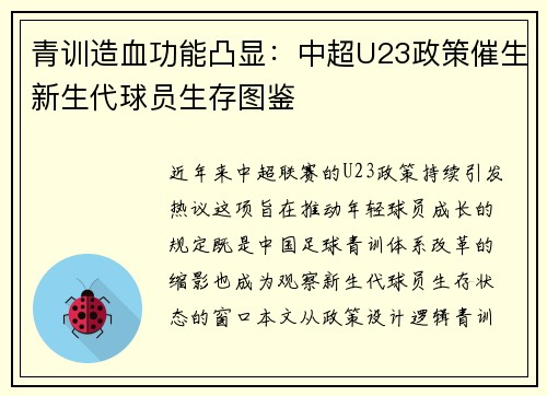 青训造血功能凸显：中超U23政策催生新生代球员生存图鉴