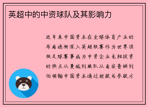 英超中的中资球队及其影响力