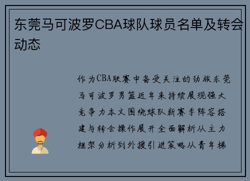 东莞马可波罗CBA球队球员名单及转会动态