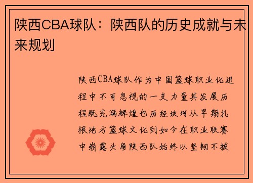 陕西CBA球队：陕西队的历史成就与未来规划
